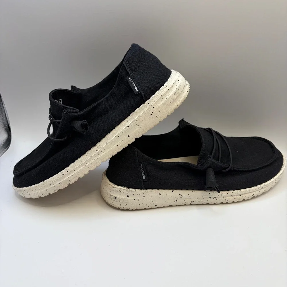 Hey Dude Wendy L Black Canvas Slip On Loafers Speckled Sole Womens Size 6 - Picture 5 of 8